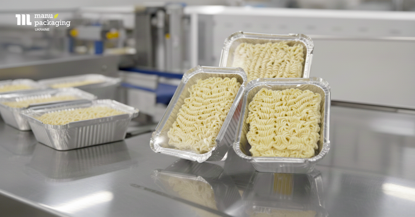 Пример упаковки лапши быстрого приготовления в лотках